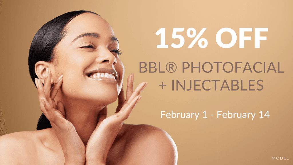 A woman smiling and holding her face (model) and text that reads "15% off: BBL® PhotoFacial + Injectables